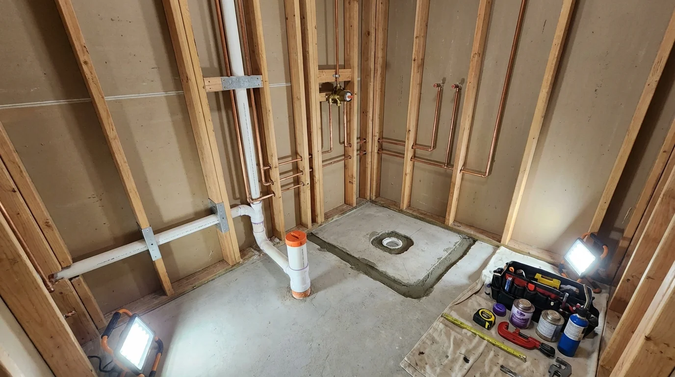 Bathroom rough-in plumbing during remodel by Johns Plumbing LLC in Utica