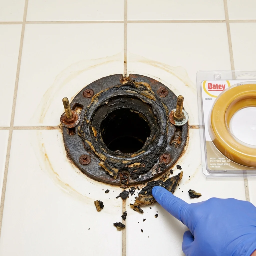 Failed wax ring showing water seepage at the base of a toilet in a Utica, OH home