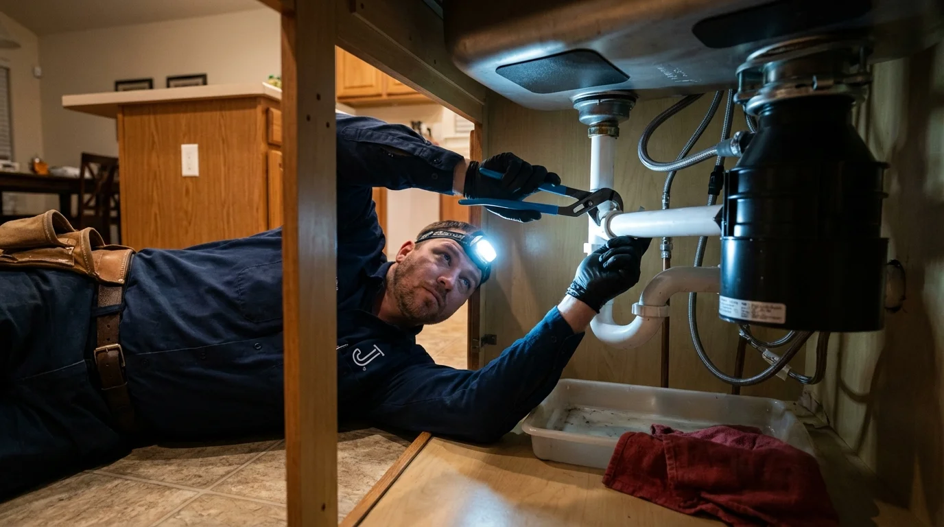 P-trap and supply line connections under a kitchen sink showing a common leak point in Utica, OH